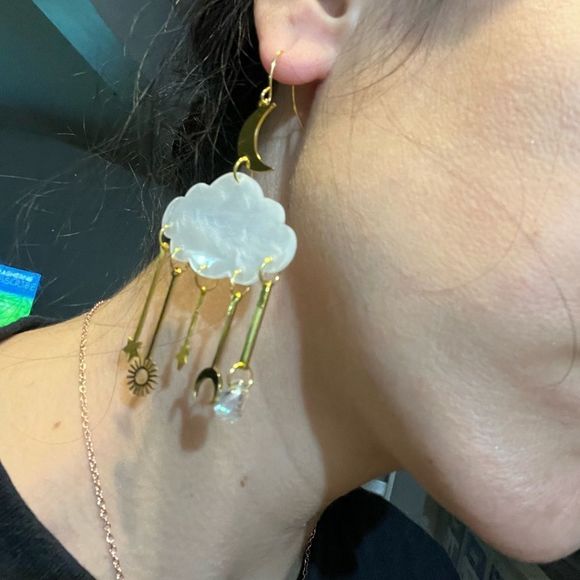 Cute Cloud Starts Moon Earrings, Celestial Earrings - Picture 2 of 4